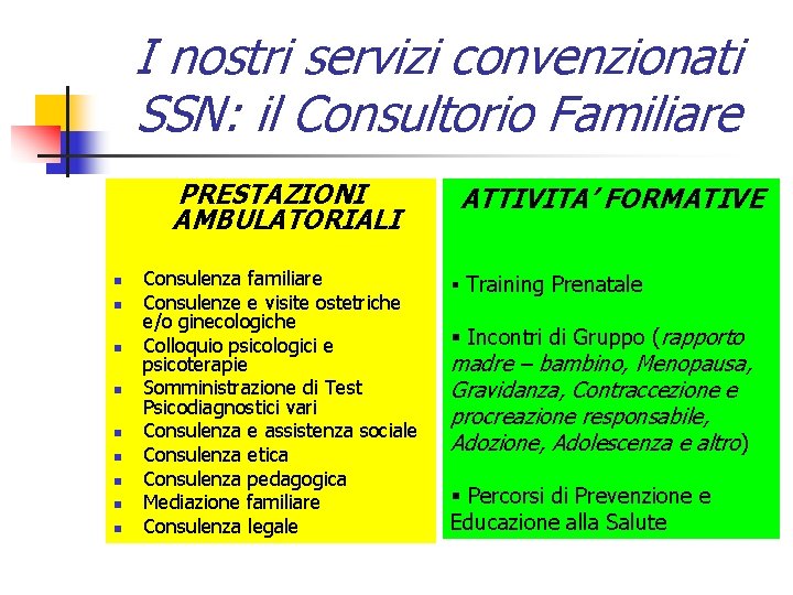 I nostri servizi convenzionati SSN: il Consultorio Familiare PRESTAZIONI AMBULATORIALI n n n n