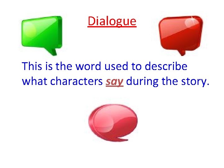 Dialogue This is the word used to describe what characters say during the story.