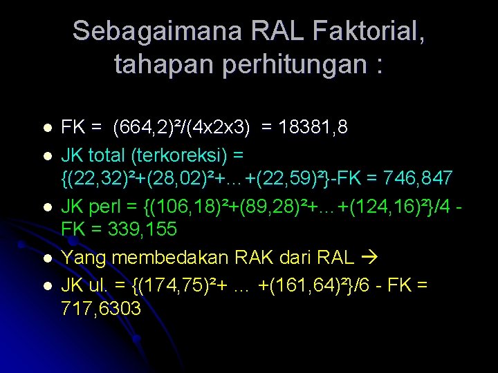 Sebagaimana RAL Faktorial, tahapan perhitungan : l l l FK = (664, 2)²/(4 x