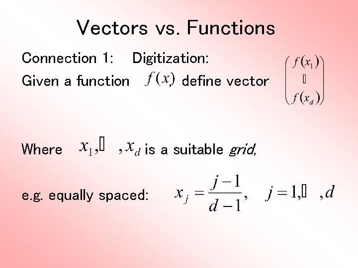 Vectors vs. Functions Connection 1: Digitization: Given a function , define vector Where is