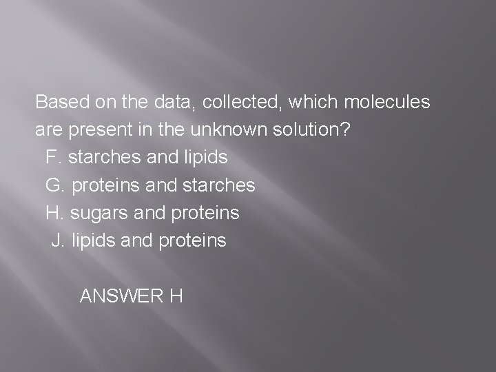 Based on the data, collected, which molecules are present in the unknown solution? F.