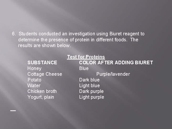 6. Students conducted an investigation using Biuret reagent to determine the presence of protein