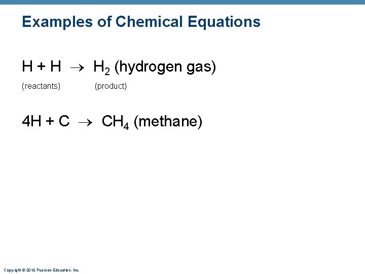 Examples of Chemical Equations H + H H 2 (hydrogen gas) (reactants) (product) 4