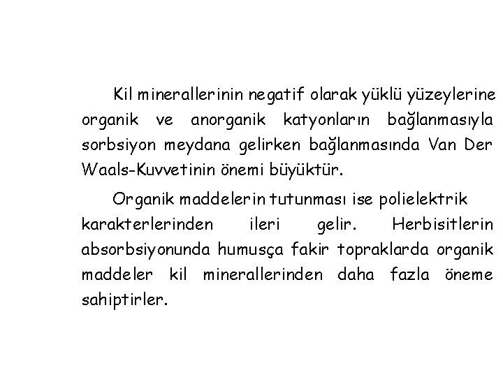 Kil minerallerinin negatif olarak yüklü yüzeylerine organik ve anorganik katyonların bağlanmasıyla sorbsiyon meydana gelirken