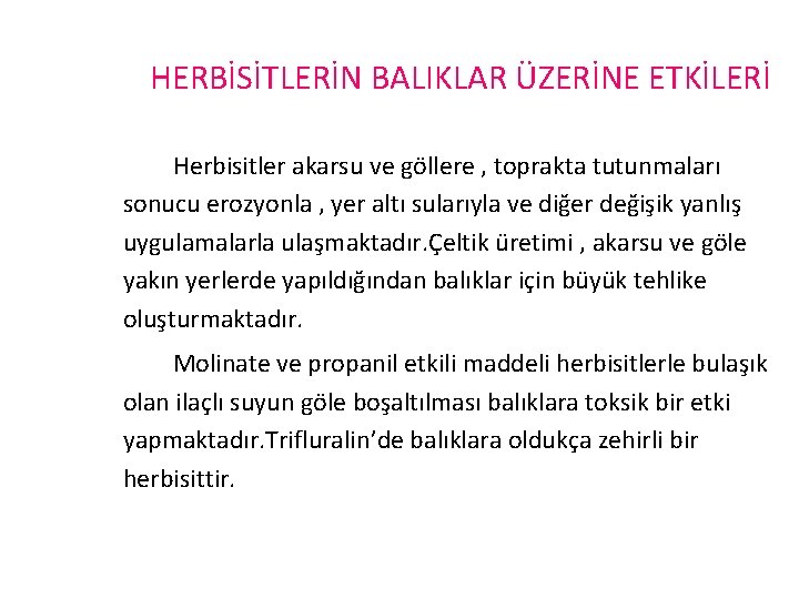 HERBİSİTLERİN BALIKLAR ÜZERİNE ETKİLERİ Herbisitler akarsu ve göllere , toprakta tutunmaları sonucu erozyonla ,