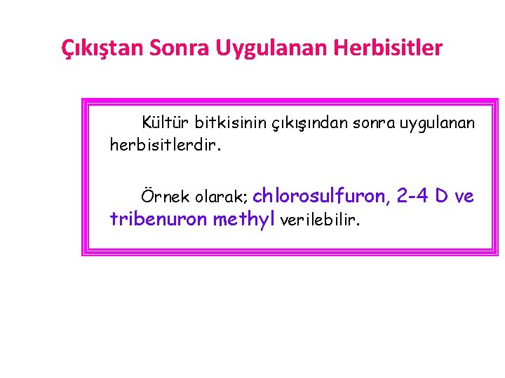 Çıkıştan Sonra Uygulanan Herbisitler Kültür bitkisinin çıkışından sonra uygulanan herbisitlerdir. Örnek olarak; chlorosulfuron, 2