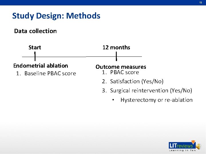 13 Study Design: Methods Data collection Start Endometrial ablation 1. Baseline PBAC score 12