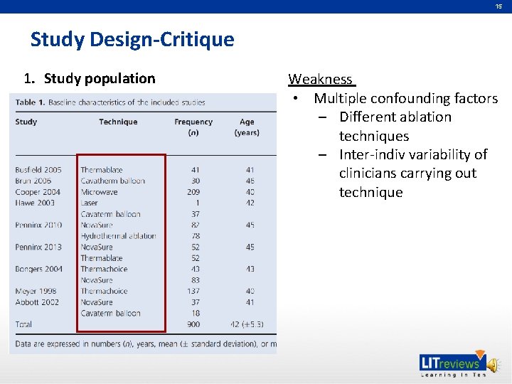 15 Study Design-Critique 1. Study population Weakness • Multiple confounding factors – Different ablation