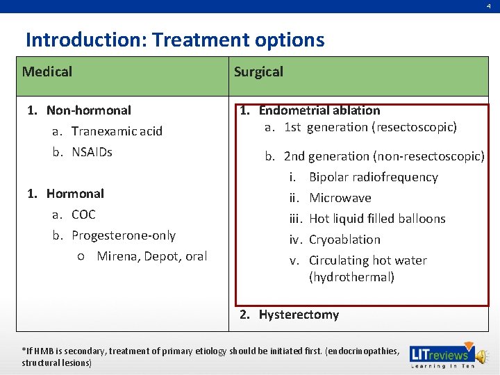 4 Introduction: Treatment options Medical 1. Non-hormonal a. Tranexamic acid b. NSAIDs 1. Hormonal