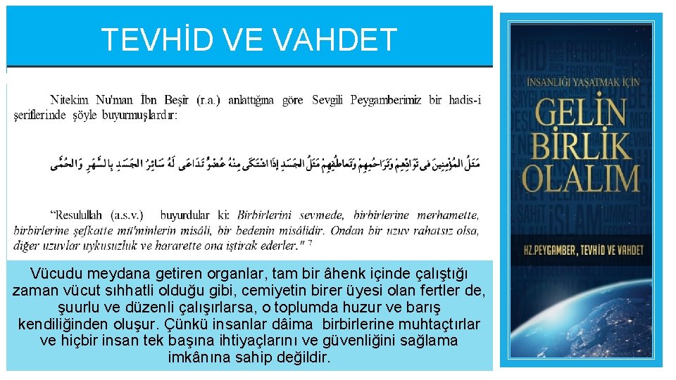 TEVHİD VE VAHDET Vücudu meydana getiren organlar, tam bir âhenk içinde çalıştığı zaman vücut