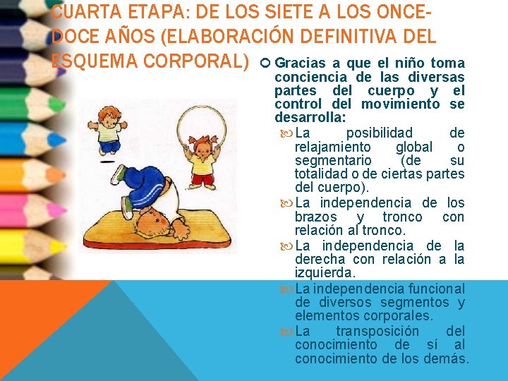 CUARTA ETAPA: DE LOS SIETE A LOS ONCEDOCE AÑOS (ELABORACIÓN DEFINITIVA DEL ESQUEMA CORPORAL)