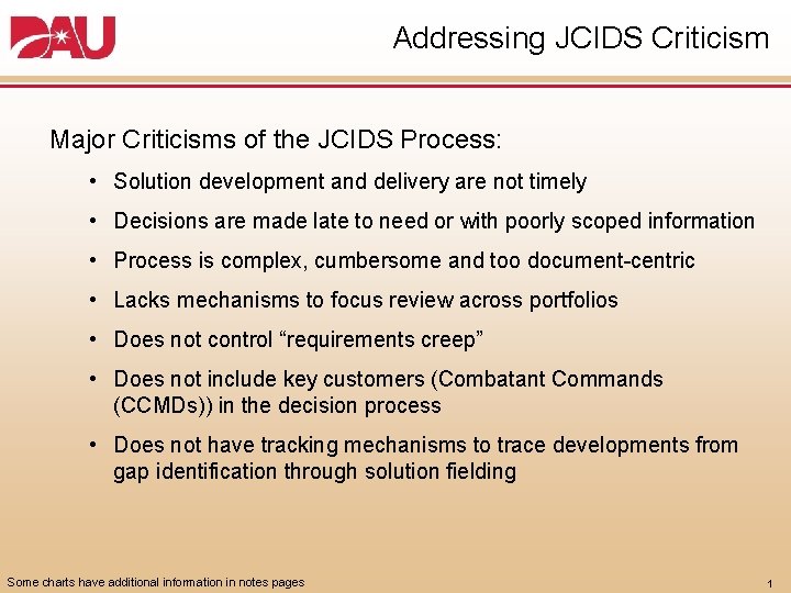 Addressing JCIDS Criticism Major Criticisms of the JCIDS Process: • Solution development and delivery Addressing JCIDS Criticism Major Criticisms of the JCIDS Process: • Solution development and delivery