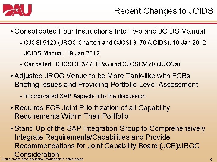 Recent Changes to JCIDS • Consolidated Four Instructions Into Two and JCIDS Manual CJCSI