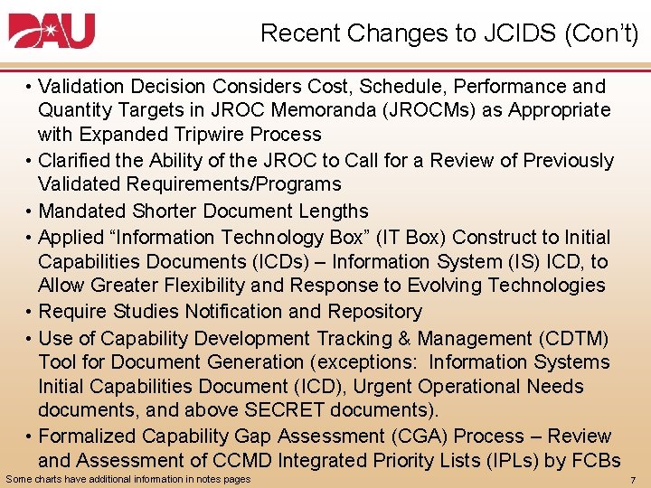 Recent Changes to JCIDS (Con’t) • Validation Decision Considers Cost, Schedule, Performance and Quantity Recent Changes to JCIDS (Con’t) • Validation Decision Considers Cost, Schedule, Performance and Quantity