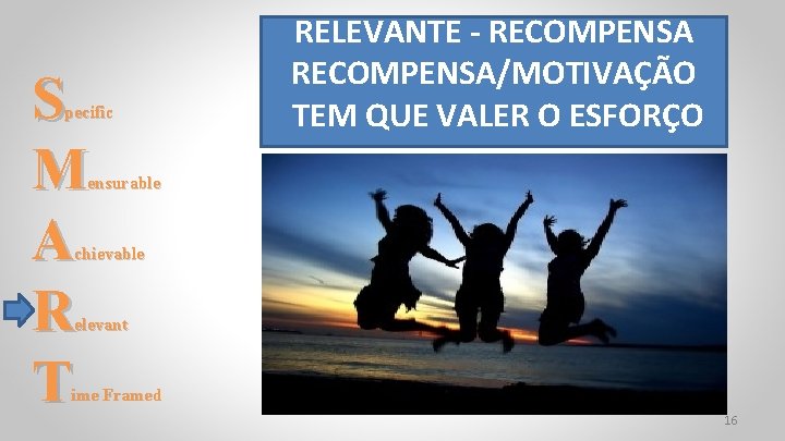 S M A R T pecific RELEVANTE - RECOMPENSA/MOTIVAÇÃO TEM QUE VALER O ESFORÇO