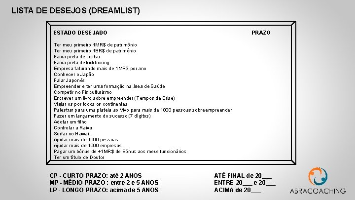 LISTA DE DESEJOS (DREAMLIST) ESTADO DESEJADO PRAZO Ter meu primeiro 1 MR$ de patrimônio