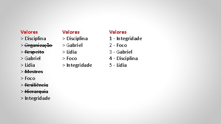 Valores > Disciplina > Organização > Respeito > Gabriel > Lidia > Mestres >