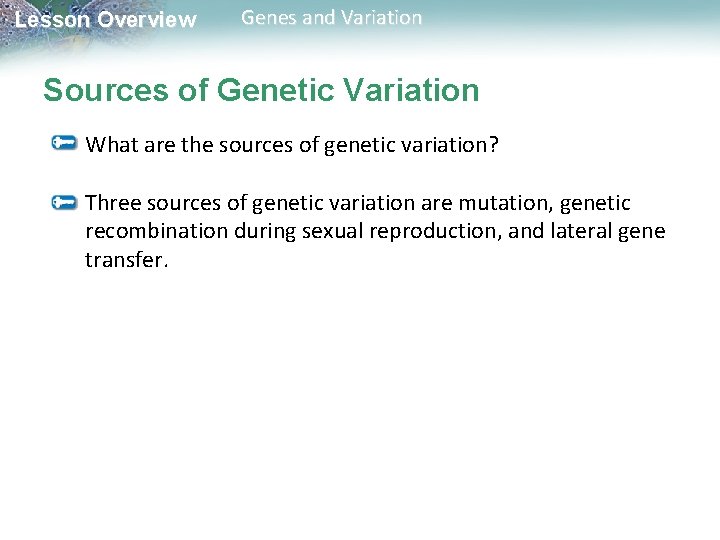 Lesson Overview Genes and Variation Sources of Genetic Variation What are the sources of