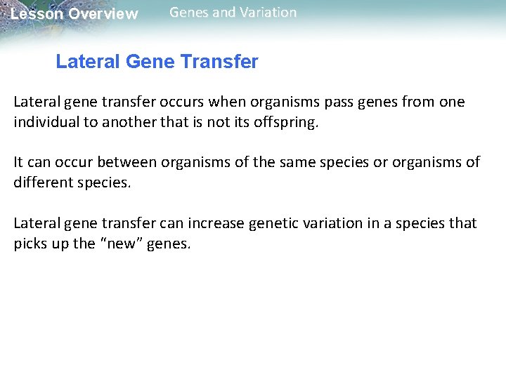 Lesson Overview Genes and Variation Lateral Gene Transfer Lateral gene transfer occurs when organisms