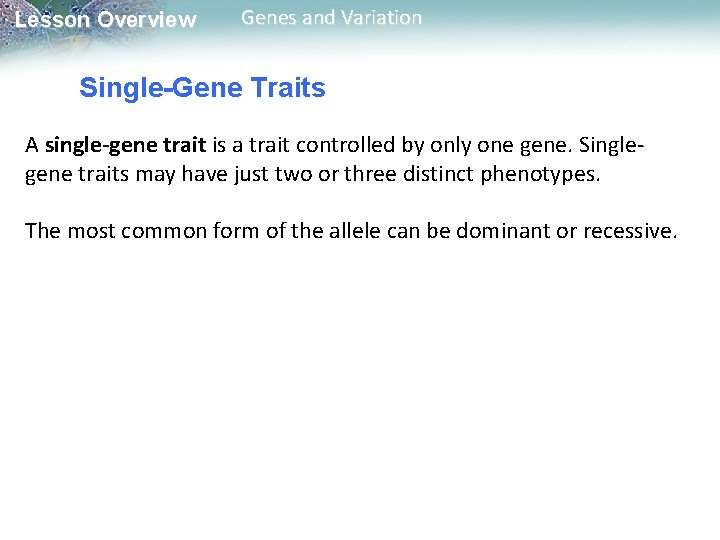 Lesson Overview Genes and Variation Single-Gene Traits A single-gene trait is a trait controlled