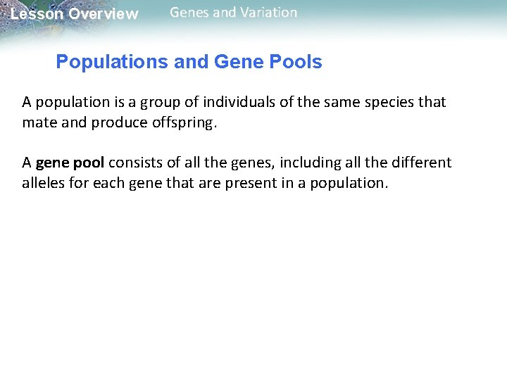 Lesson Overview Genes and Variation Populations and Gene Pools A population is a group