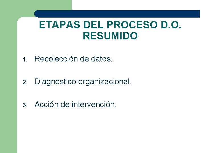ETAPAS DEL PROCESO D. O. RESUMIDO 1. Recolección de datos. 2. Diagnostico organizacional. 3.