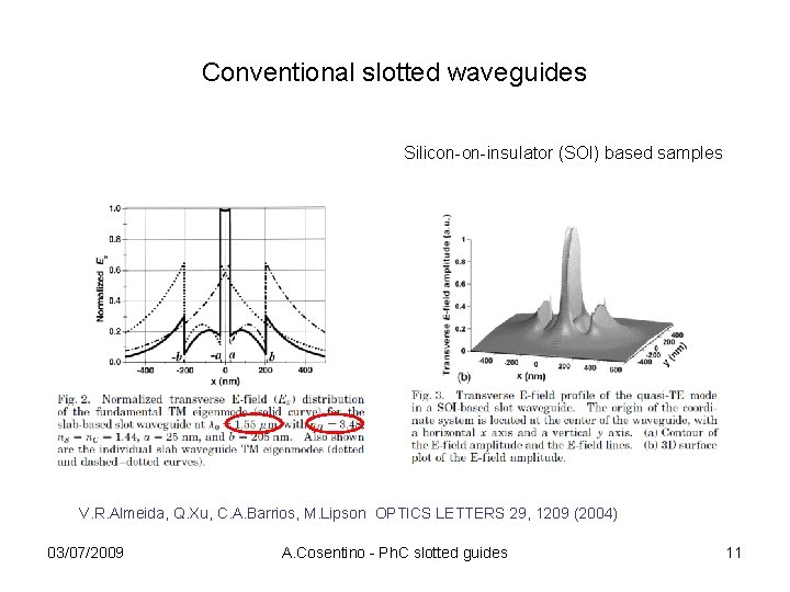 Conventional slotted waveguides Silicon-on-insulator (SOI) based samples V. R. Almeida, Q. Xu, C. A.