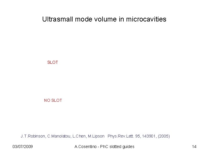 Ultrasmall mode volume in microcavities SLOT NO SLOT J. T. Robinson, C. Manolatou, L.