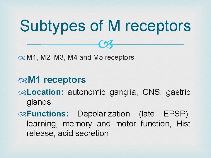 Subtypes of M receptors M 1, M 2, M 3, M 4 and M