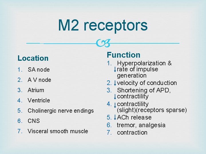 M 2 receptors Location 1. SA node 2. A V node 3. Atrium 4.