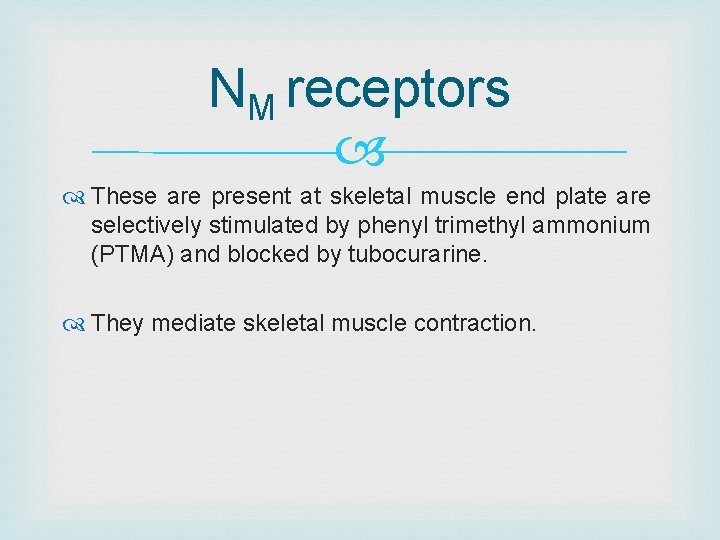 NM receptors These are present at skeletal muscle end plate are selectively stimulated by
