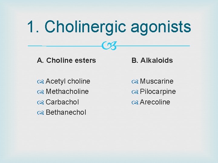 1. Cholinergic agonists A. Choline esters B. Alkaloids Acetyl choline Methacholine Carbachol Bethanechol Muscarine