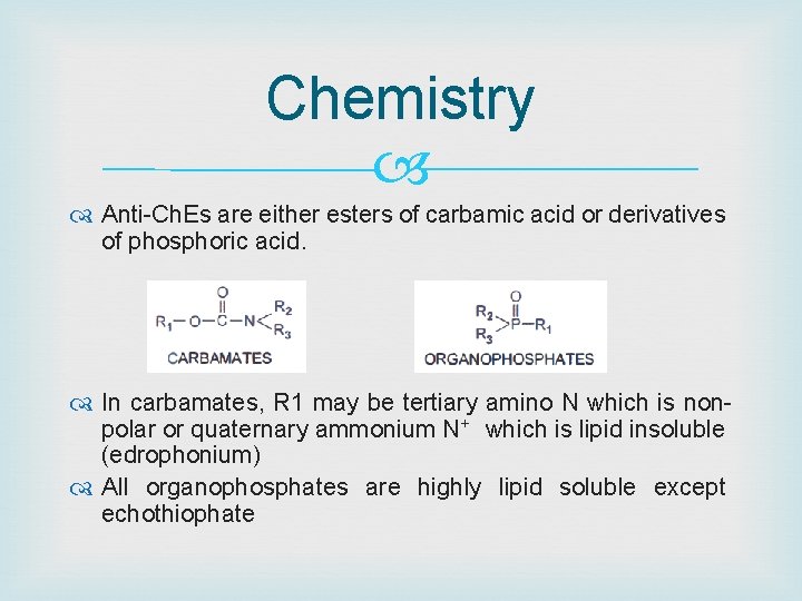 Chemistry Anti-Ch. Es are either esters of carbamic acid or derivatives of phosphoric acid.