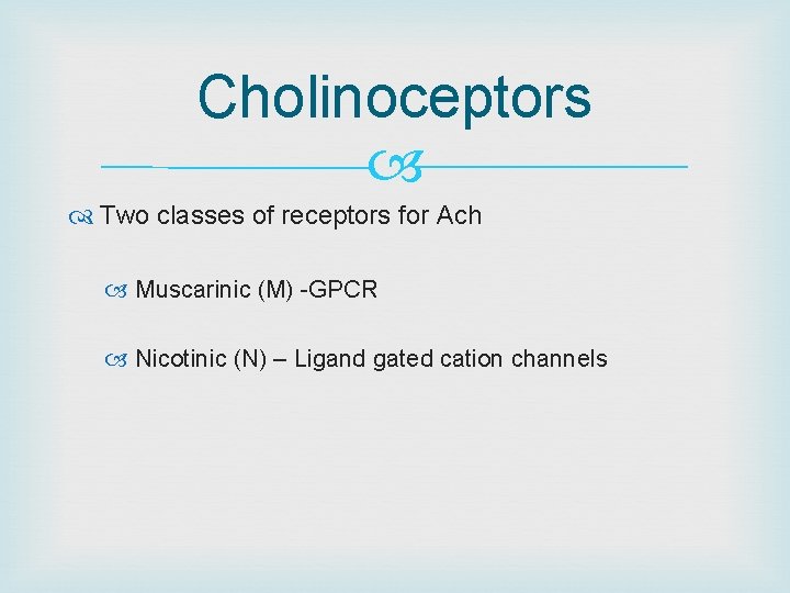 Cholinoceptors Two classes of receptors for Ach Muscarinic (M) -GPCR Nicotinic (N) – Ligand