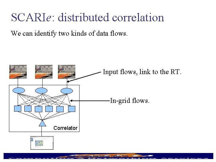 SCARIe: distributed correlation We can identify two kinds of data flows. Input flows, link