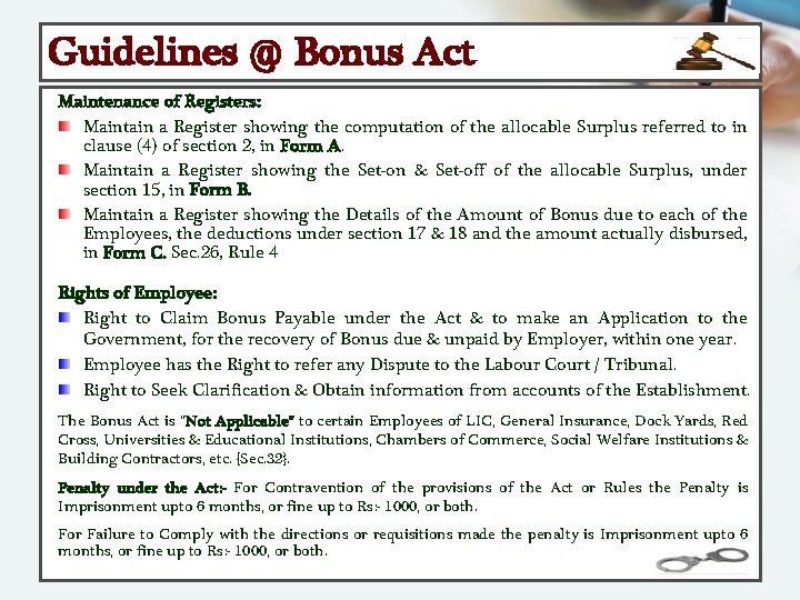 Guidelines @ Bonus Act Maintenance of Registers: Maintain a Register showing the computation of