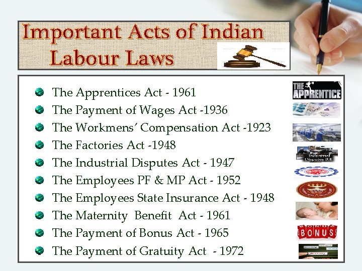 Important Acts of Indian Labour Laws The Apprentices Act - 1961 The Payment of