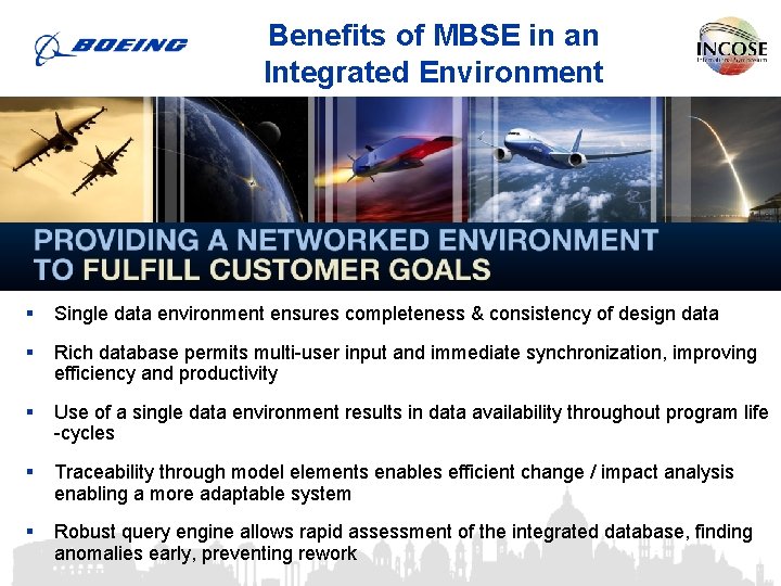 Benefits of MBSE in an Integrated Environment Copyright © 2012 Boeing. All rights reserved.