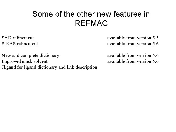Some of the other new features in REFMAC SAD refinement SIRAS refinement available from