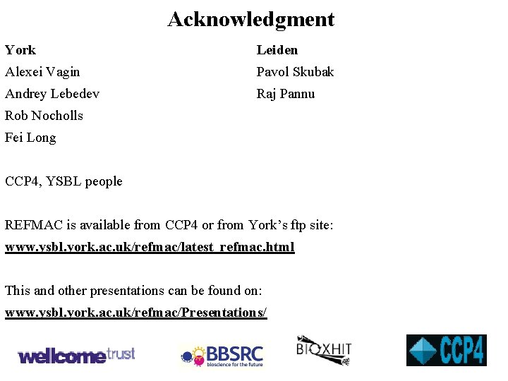 Acknowledgment York Leiden Alexei Vagin Pavol Skubak Andrey Lebedev Raj Pannu Rob Nocholls Fei