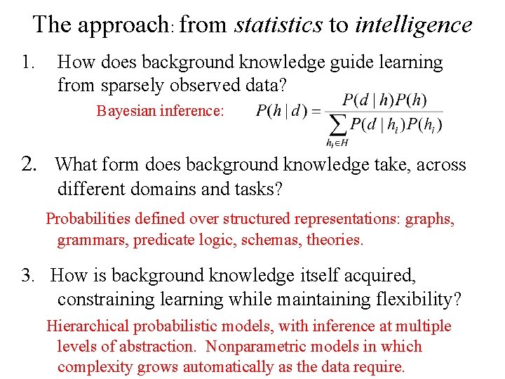 The approach: from statistics to intelligence 1. How does background knowledge guide learning from