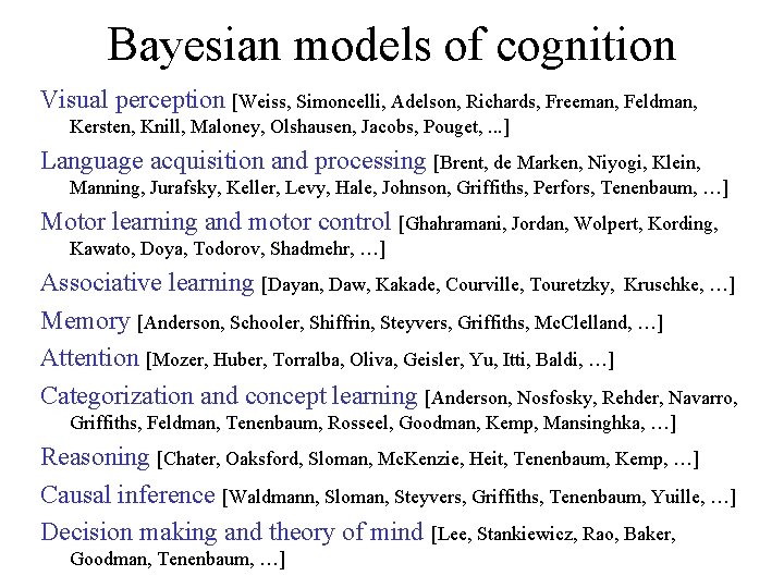 Bayesian models of cognition Visual perception [Weiss, Simoncelli, Adelson, Richards, Freeman, Feldman, Kersten, Knill,