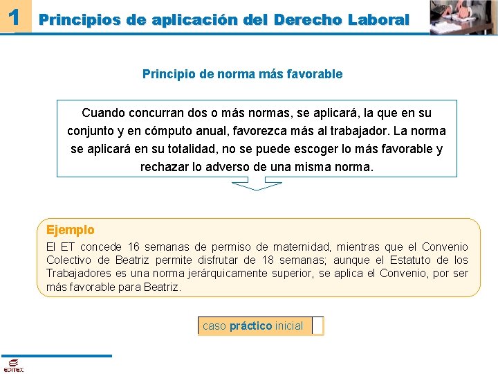 1 Principios de aplicación del Derecho Laboral Principio de norma más favorable Cuando concurran