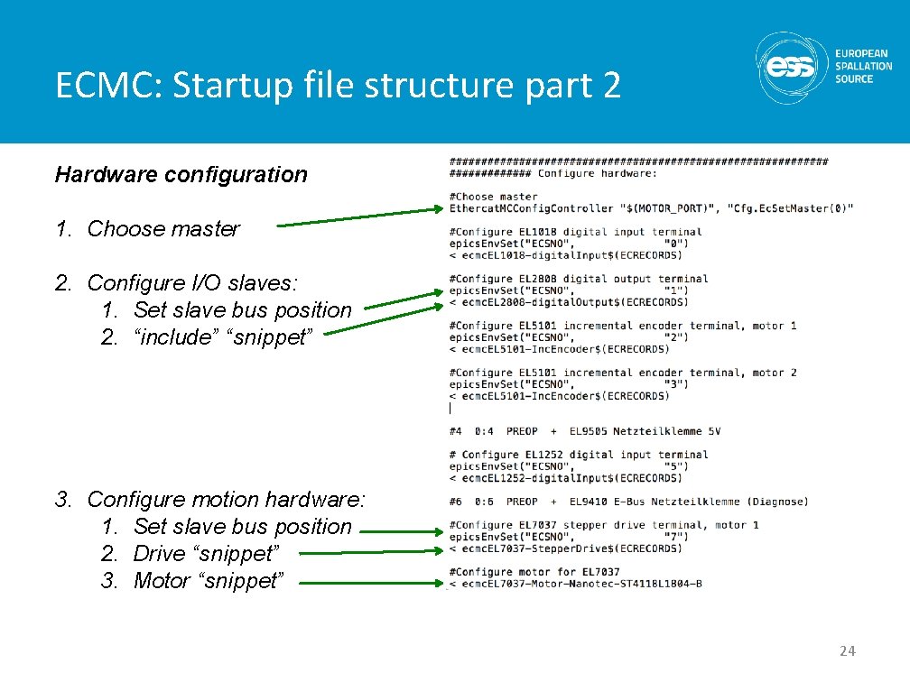 ECMC: Startup file structure part 2 Hardware configuration 1. Choose master 2. Configure I/O
