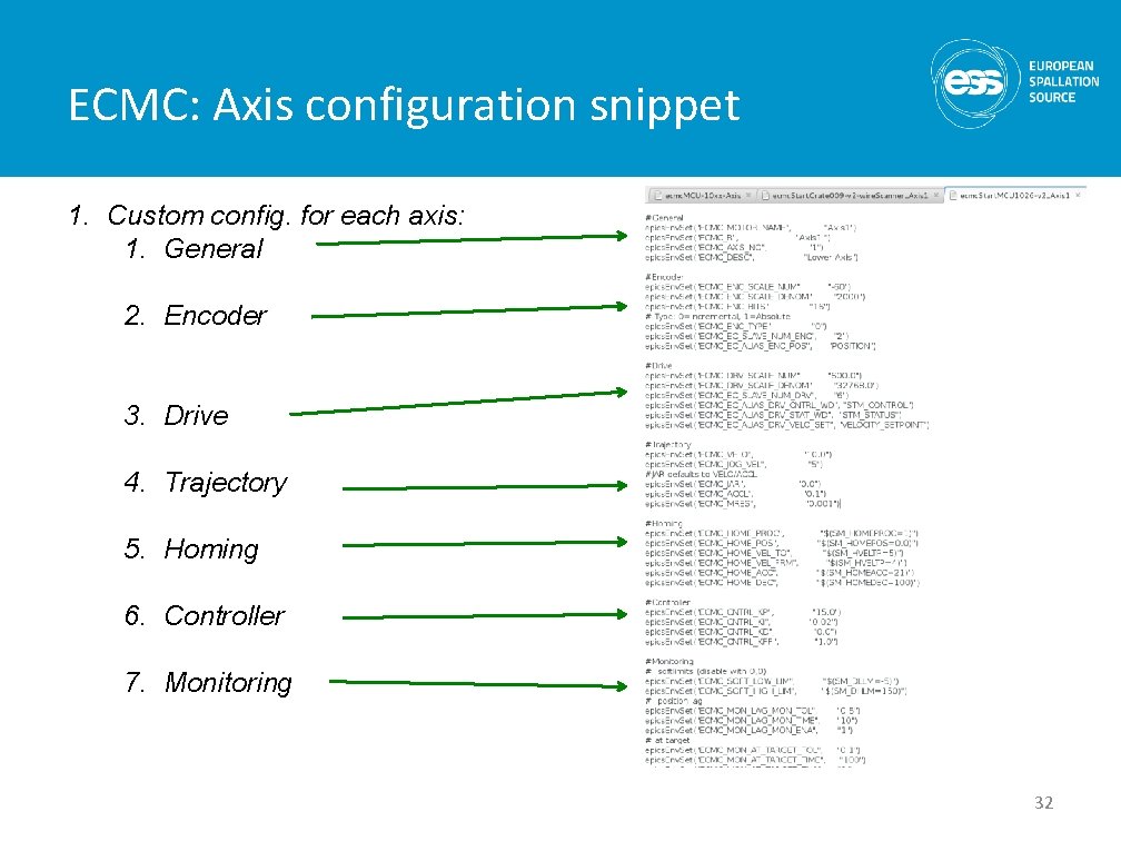 ECMC: Axis configuration snippet 1. Custom config. for each axis: 1. General 2. Encoder