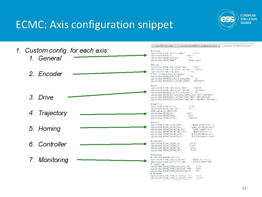 ECMC: Axis configuration snippet 1. Custom config. for each axis: 1. General 2. Encoder