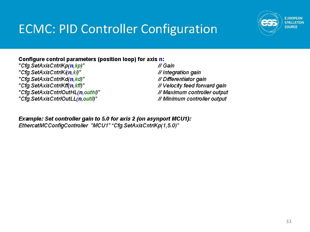 ECMC: PID Controller Configuration Configure control parameters (position loop) for axis n: "Cfg. Set.