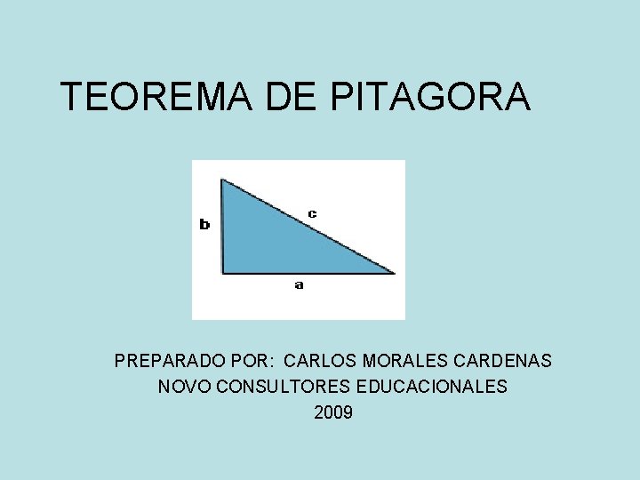 TEOREMA DE PITAGORA PREPARADO POR: CARLOS MORALES CARDENAS NOVO CONSULTORES EDUCACIONALES 2009 