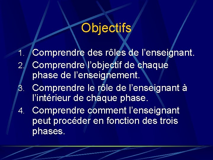 Objectifs 1. Comprendre des rôles de l’enseignant. 2. Comprendre l’objectif de chaque phase de