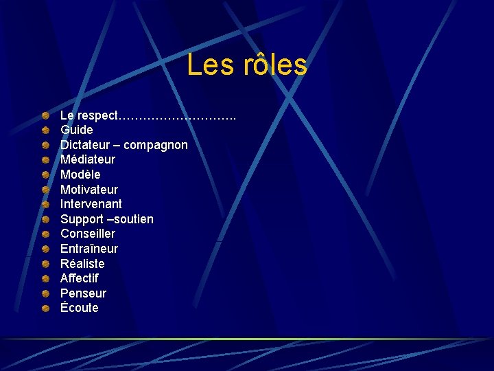 Les rôles Le respect……………. . Guide Dictateur – compagnon Médiateur Modèle Motivateur Intervenant Support